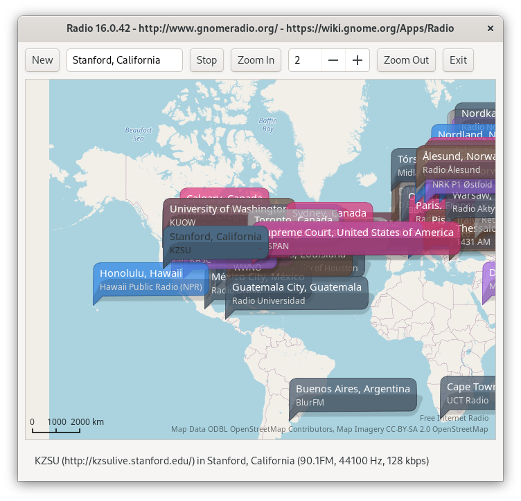 GNU Network Object Model Environment Internet Radio / GNOME Radio is Free Internet Radio Software for GNU Network Object Model Environment. The latest GNU Network Object Model Environment Radio 50.2 release features 229 international radio stations, HamarRadioen (Stange, Norge) / (Hamar, Norge) / (Ringsaker, Norge), India (Radio Punjab Today), United States of America (C-SPAN), United Kingdom (BBC), Hawaii Public Radio (NPR), Radio Jazz Copenhagen, Kyiv Radio (Retro FM), Echo of Moscow, SomaFM, University of Washington and 98 city map markers around the world.