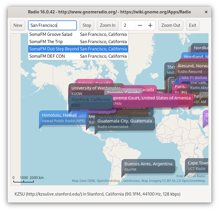 GNU Network Object Model Environment Internet Radio / GNOME Radio is Free Internet Radio Software for GNU Network Object Model Environment. The latest GNU Network Object Model Environment Radio 50.2 release features 228 international radio stations, India (Radio Punjab Today), United States of America (C-SPAN), United Kingdom (BBC), Hawaii Public Radio (NPR), Radio Jazz Copenhagen, Kyiv Radio (Retro FM), Echo of Moscow, SomaFM, University of Washington, Radio Free Asia, Radio Taiwan International and 99 city map markers around the world.