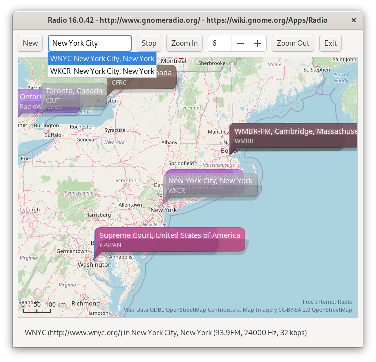 GNU Network Object Model Environment Internet Radio / GNOME Radio is Free Internet Radio Software for GNU Network Object Model Environment. The latest GNU Network Object Model Environment Radio 50.2 release features 227 international radio stations, United States of America (C-SPAN), United Kingdom (BBC), Hawaii Public Radio (NPR), Kyiv Radio (Retro FM), Echo of Moscow, Radio Jazz Copenhagen, Echo of Moscow, SomaFM, University of Washington and 98 city map markers around the world.